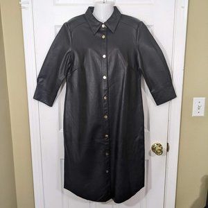 RINO & PELLE Black Vegan Leather Gold Snap Button Down Shirt Dress - size S NWOT